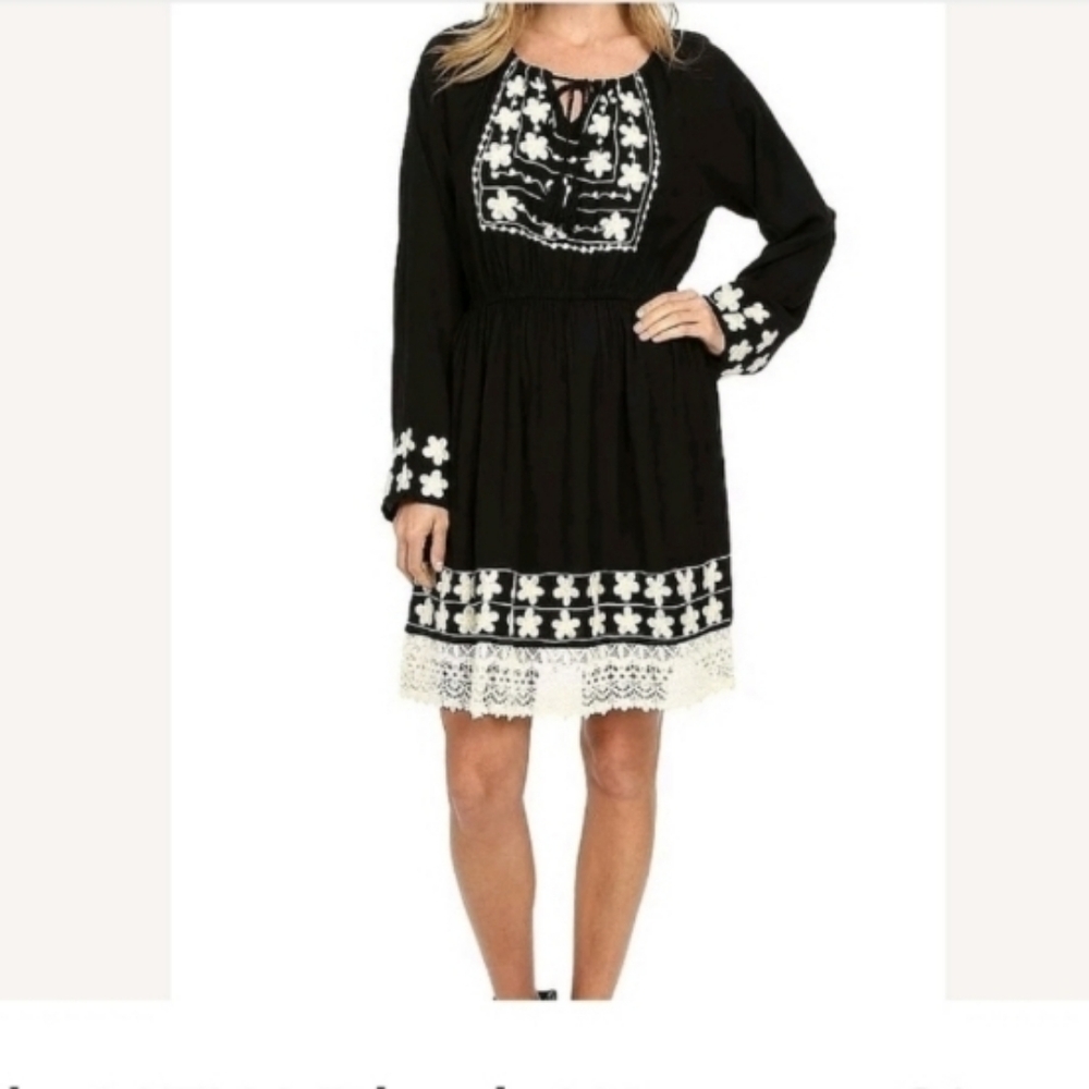 Scully Western Dress Folky Peasant Long Sleeve Embroidered SZ Small Black Beige